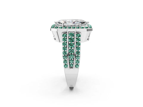 White gold Marquise Cut Halo Diamond Ring with Round with Green Sapphire side stone Split Shank and Prong Setting_26