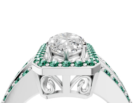 White gold Marquise Cut Halo Diamond Ring with Round with Green Sapphire side stone Split Shank and Prong Setting_28