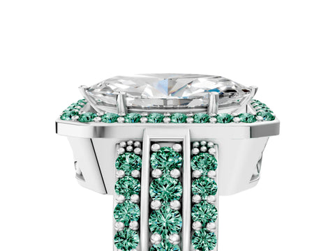 White gold Marquise Cut Halo Diamond Ring with Round with Green Sapphire side stone Split Shank and Prong Setting_29