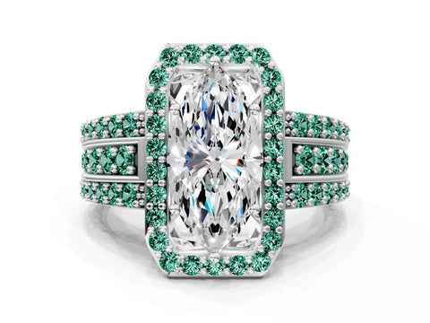 White gold Marquise Cut Halo Diamond Ring with Round with Green Sapphire side stone Split Shank and Prong Setting_33
