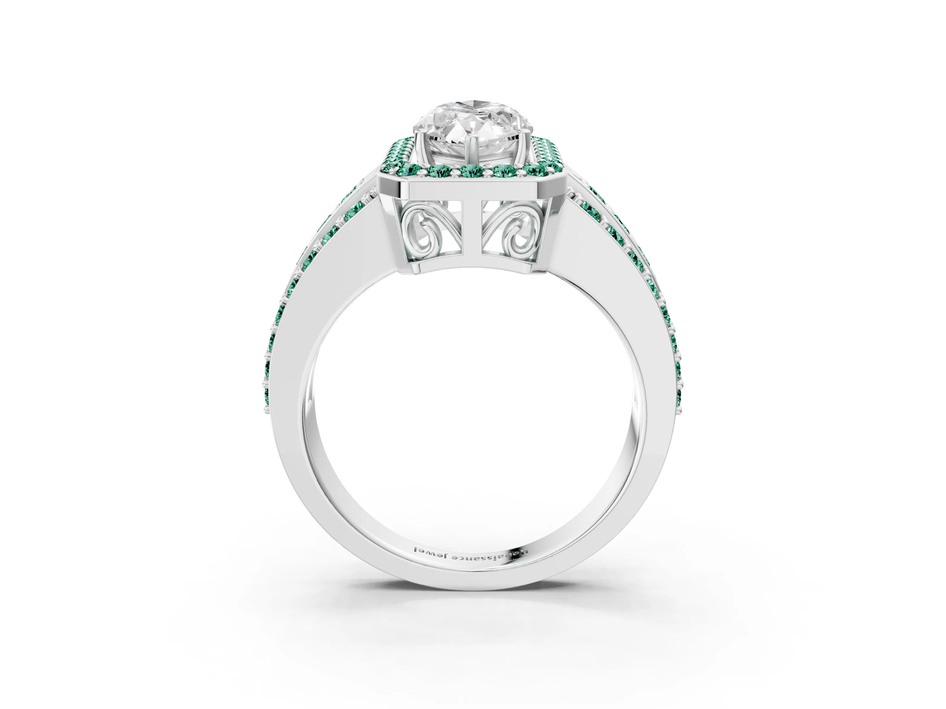 White gold Marquise Cut Halo Diamond Ring with Round with Green Sapphire side stone Split Shank and Prong Setting_36