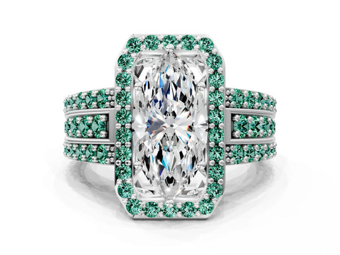 White gold Marquise Cut Halo Diamond Ring with Round with Green Sapphire side stone Split Shank and Prong Setting_36