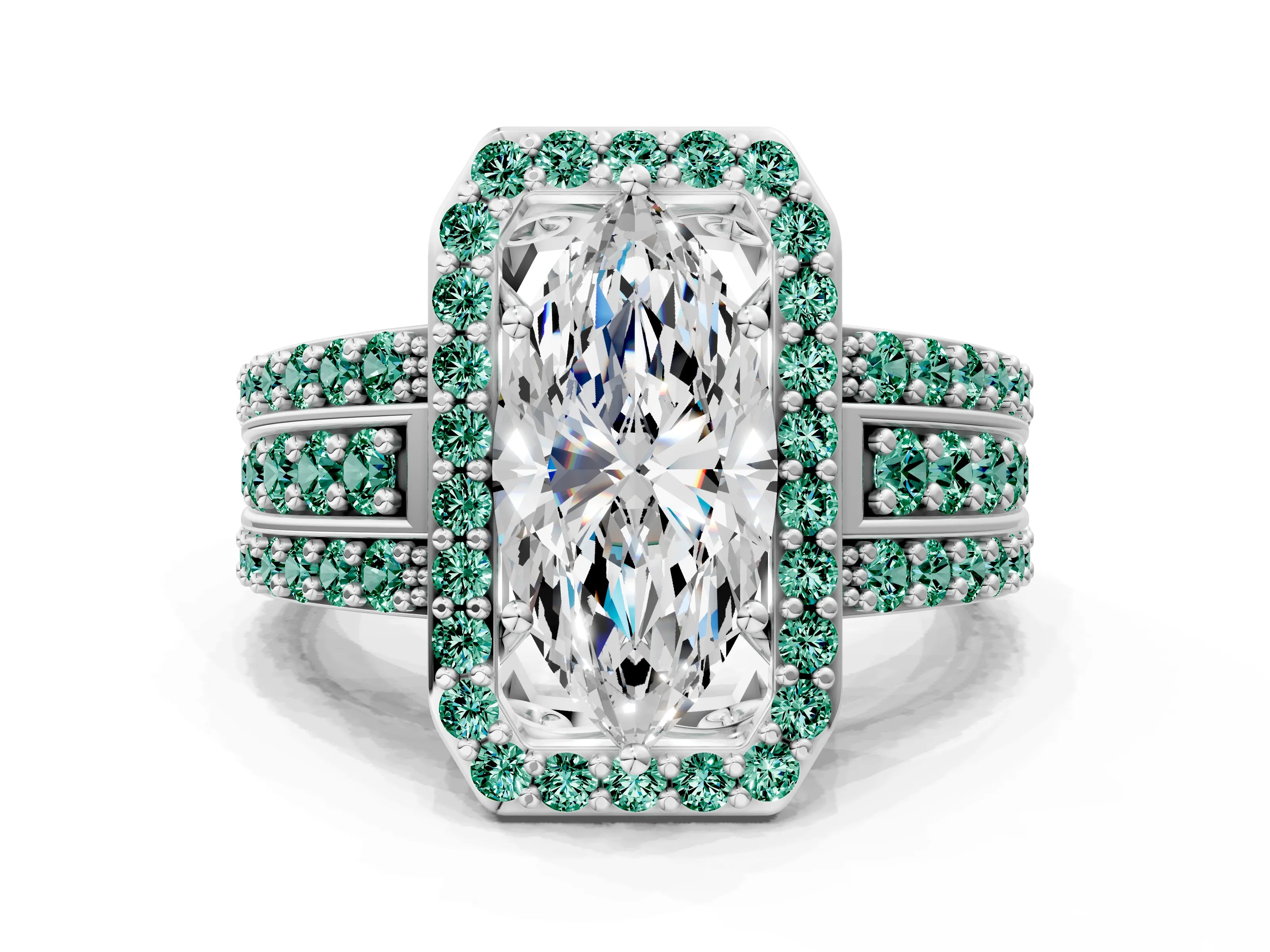White gold Marquise Cut Halo Diamond Ring with Round with Green Sapphire side stone Split Shank and Prong Setting_36