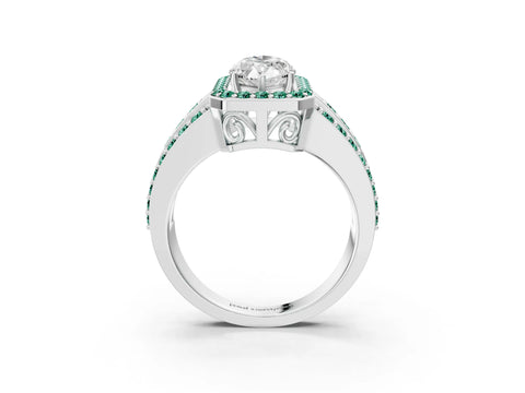 White gold Marquise Cut Halo Diamond Ring with Round with Green Sapphire side stone Split Shank and Prong Setting_36