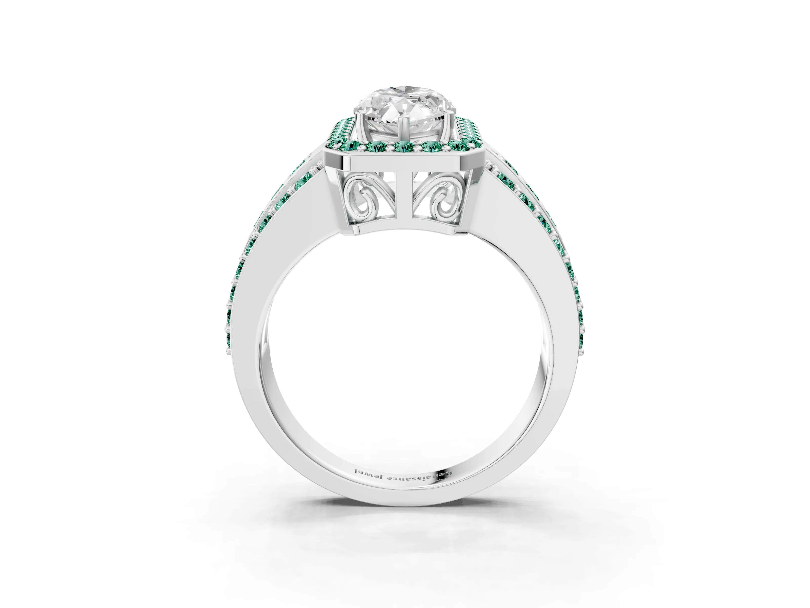 White gold Marquise Cut Halo Diamond Ring with Round with Green Sapphire side stone Split Shank and Prong Setting_39