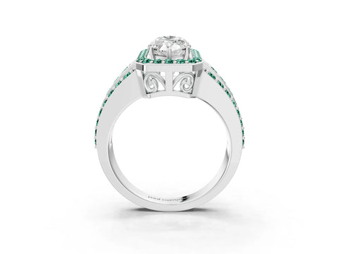 White gold Marquise Cut Halo Diamond Ring with Round with Green Sapphire side stone Split Shank and Prong Setting_39