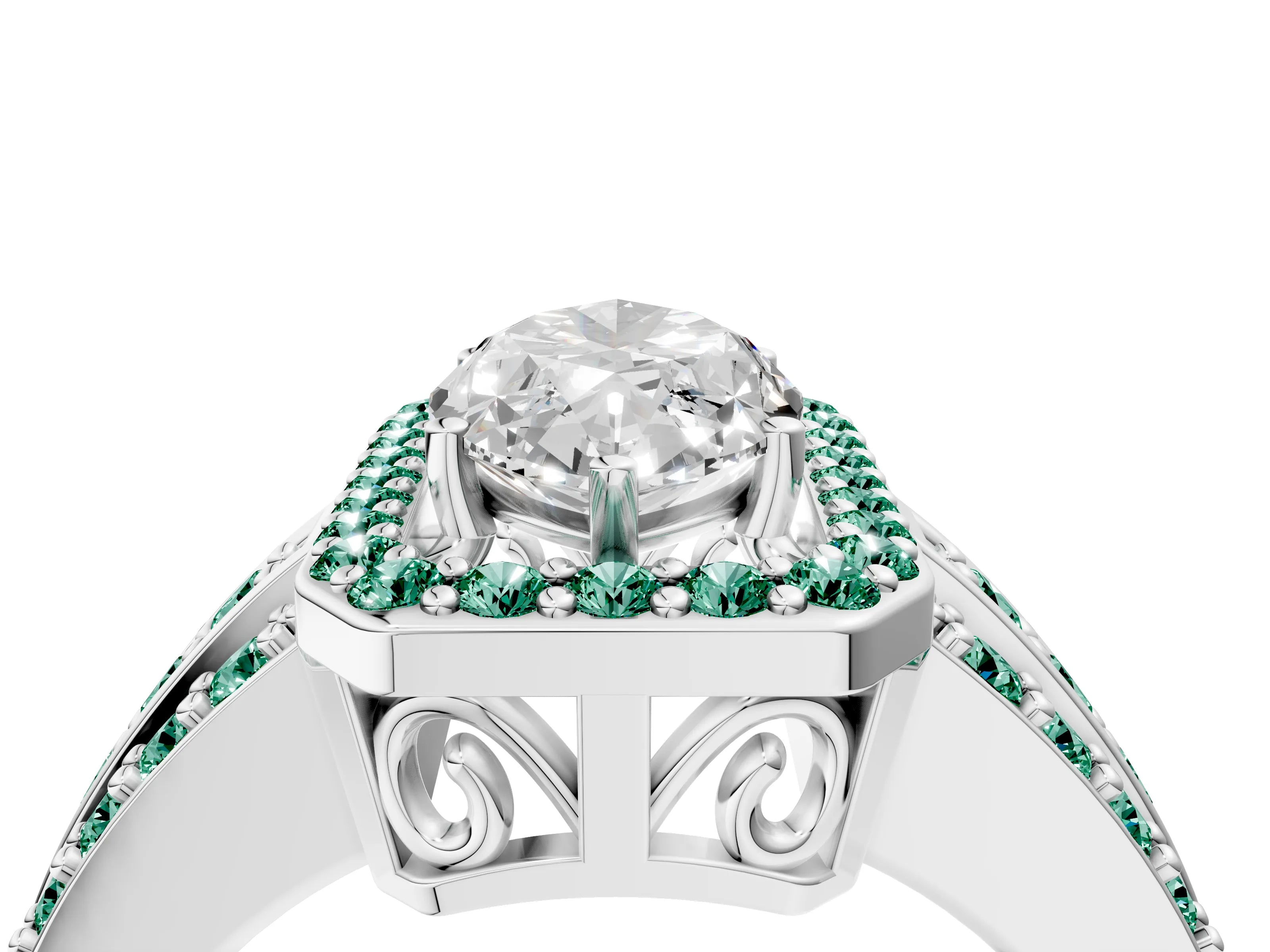 White gold Marquise Cut Halo Diamond Ring with Round with Green Sapphire side stone Split Shank and Prong Setting_40