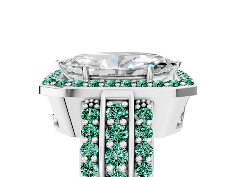 White gold Marquise Cut Halo Diamond Ring with Round with Green Sapphire side stone Split Shank and Prong Setting_41