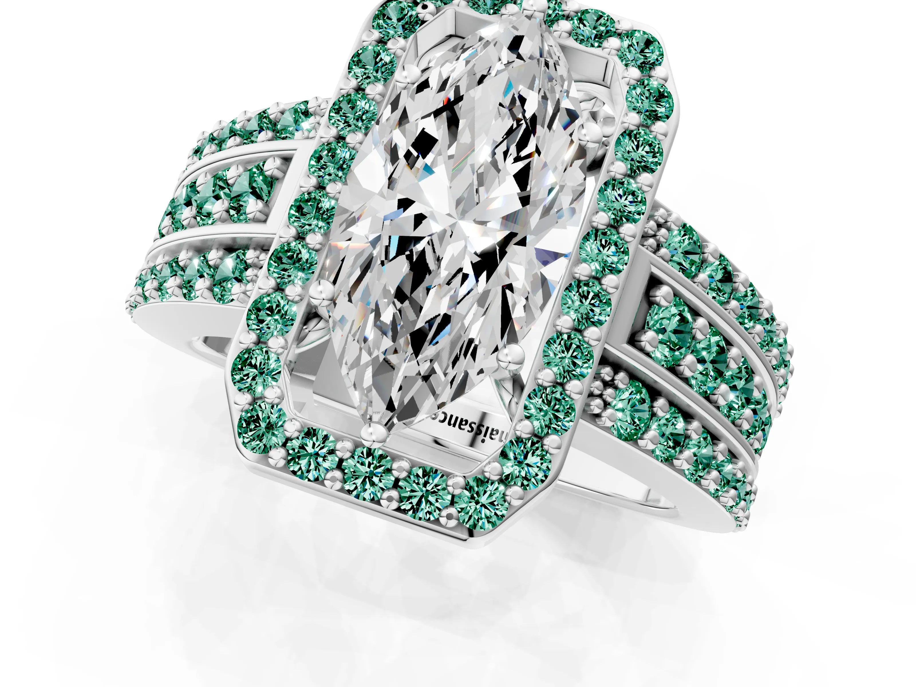 White gold Marquise Cut Halo Diamond Ring with Round with Green Sapphire side stone Split Shank and Prong Setting_46