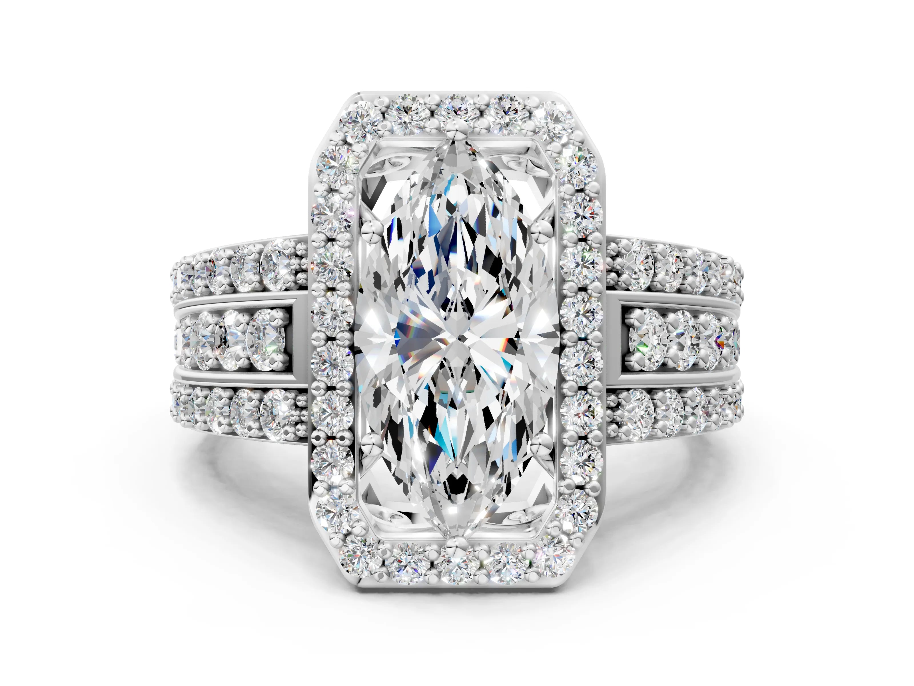 White gold Marquise Cut Halo Diamond Ring with Round with Moissanite side stone Split Shank and Prong Setting_24