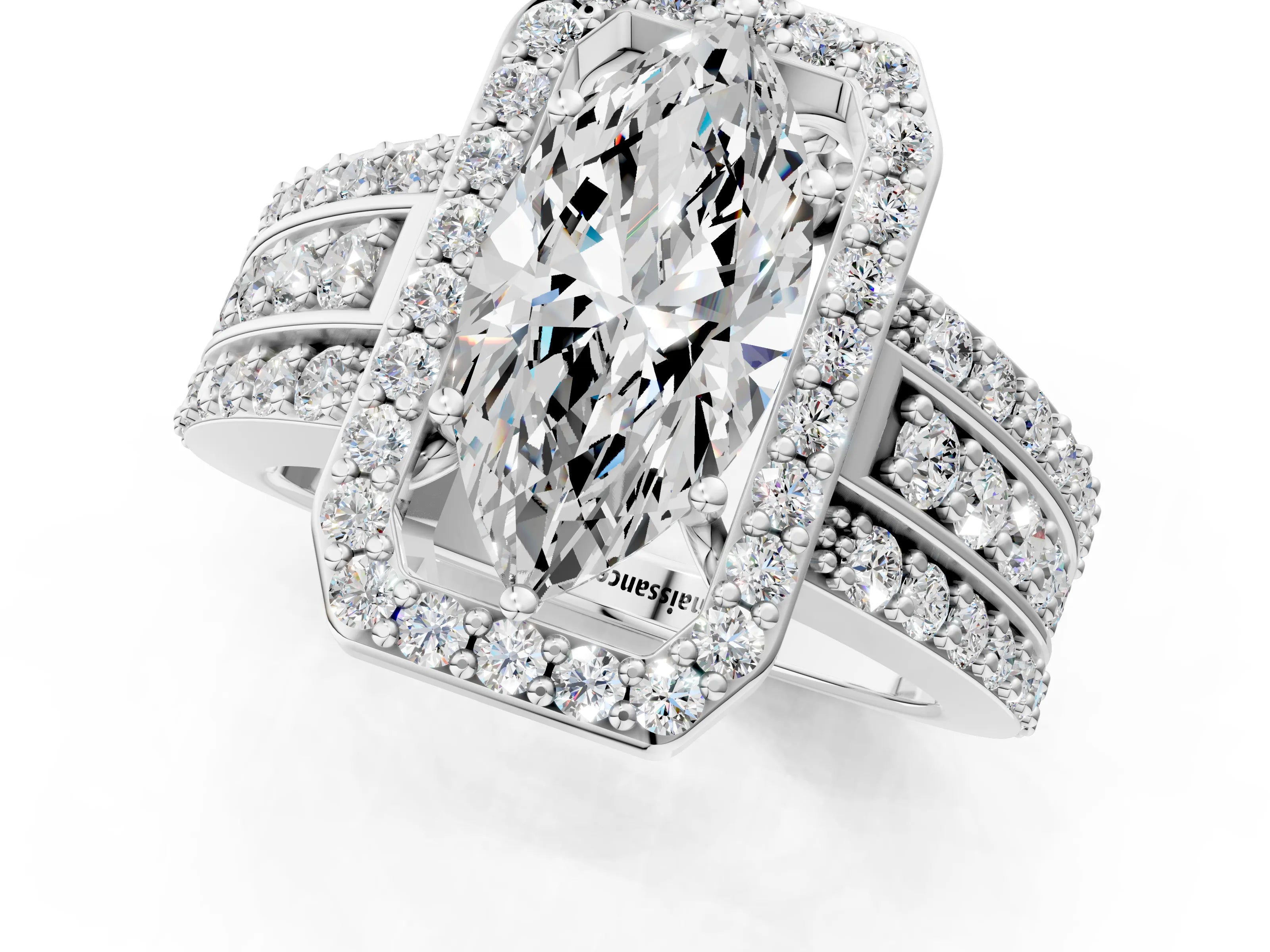 White gold Marquise Cut Halo Diamond Ring with Round with Moissanite side stone Split Shank and Prong Setting_25