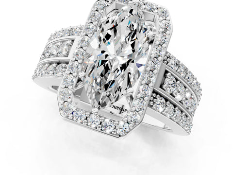 White gold Marquise Cut Halo Diamond Ring with Round with Moissanite side stone Split Shank and Prong Setting_25