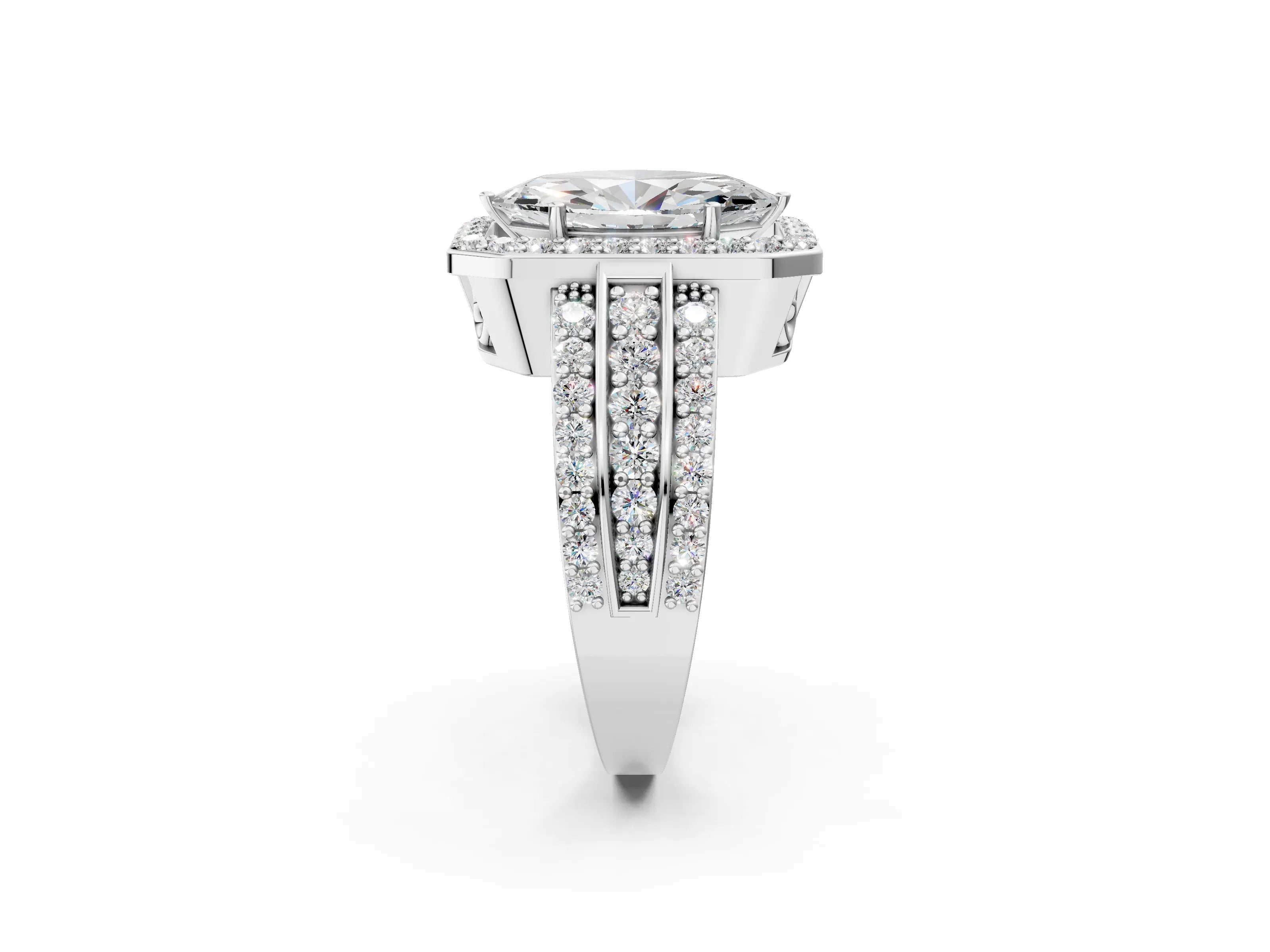 White gold Marquise Cut Halo Diamond Ring with Round with Moissanite side stone Split Shank and Prong Setting_26