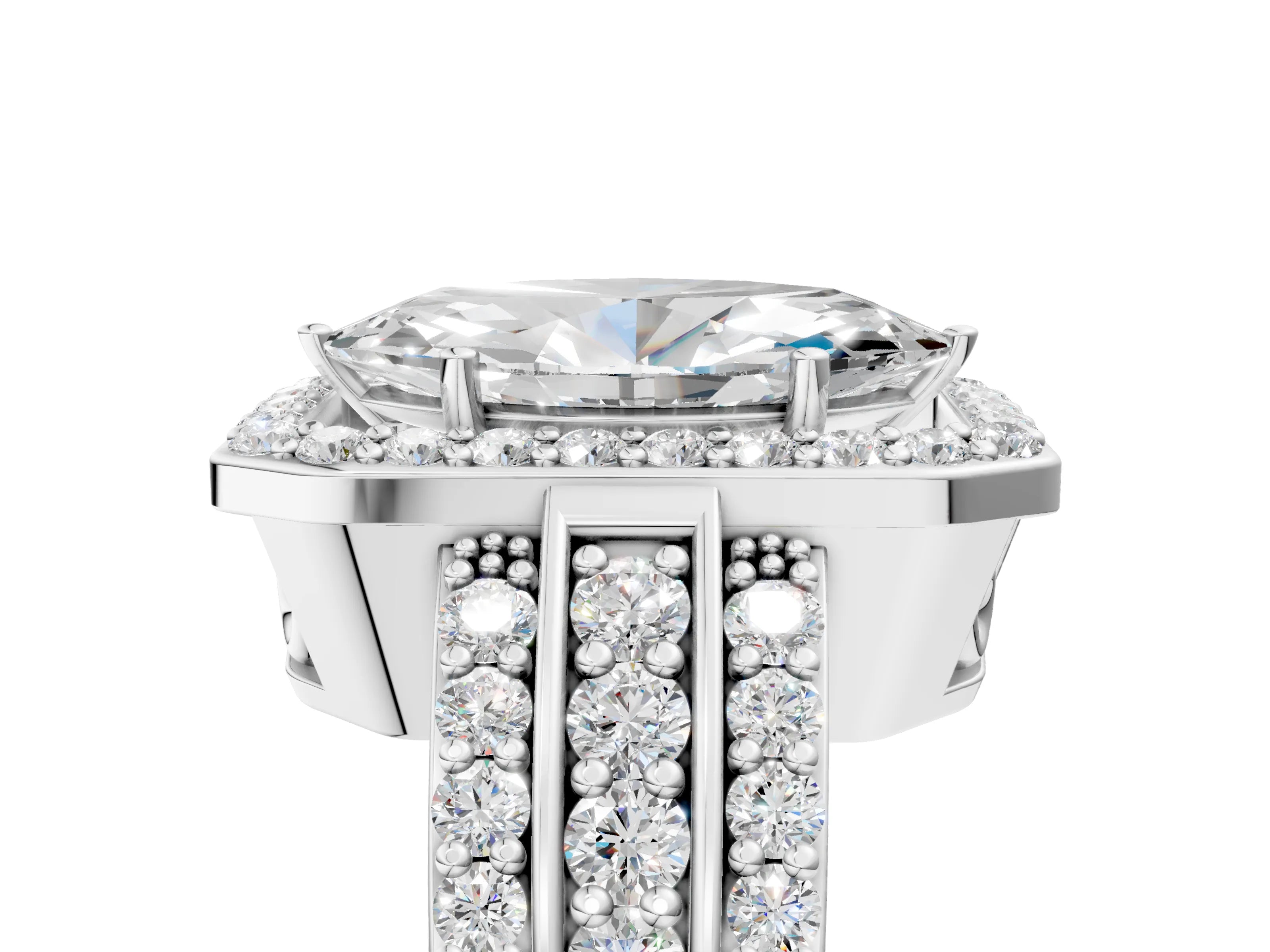 White gold Marquise Cut Halo Diamond Ring with Round with Moissanite side stone Split Shank and Prong Setting_29