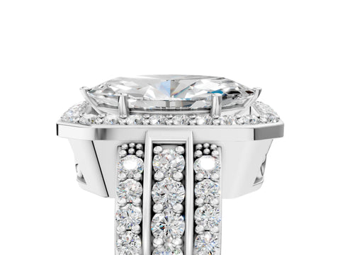 White gold Marquise Cut Halo Diamond Ring with Round with Moissanite side stone Split Shank and Prong Setting_29