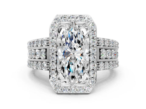 White gold Marquise Cut Halo Diamond Ring with Round with Moissanite side stone Split Shank and Prong Setting_48