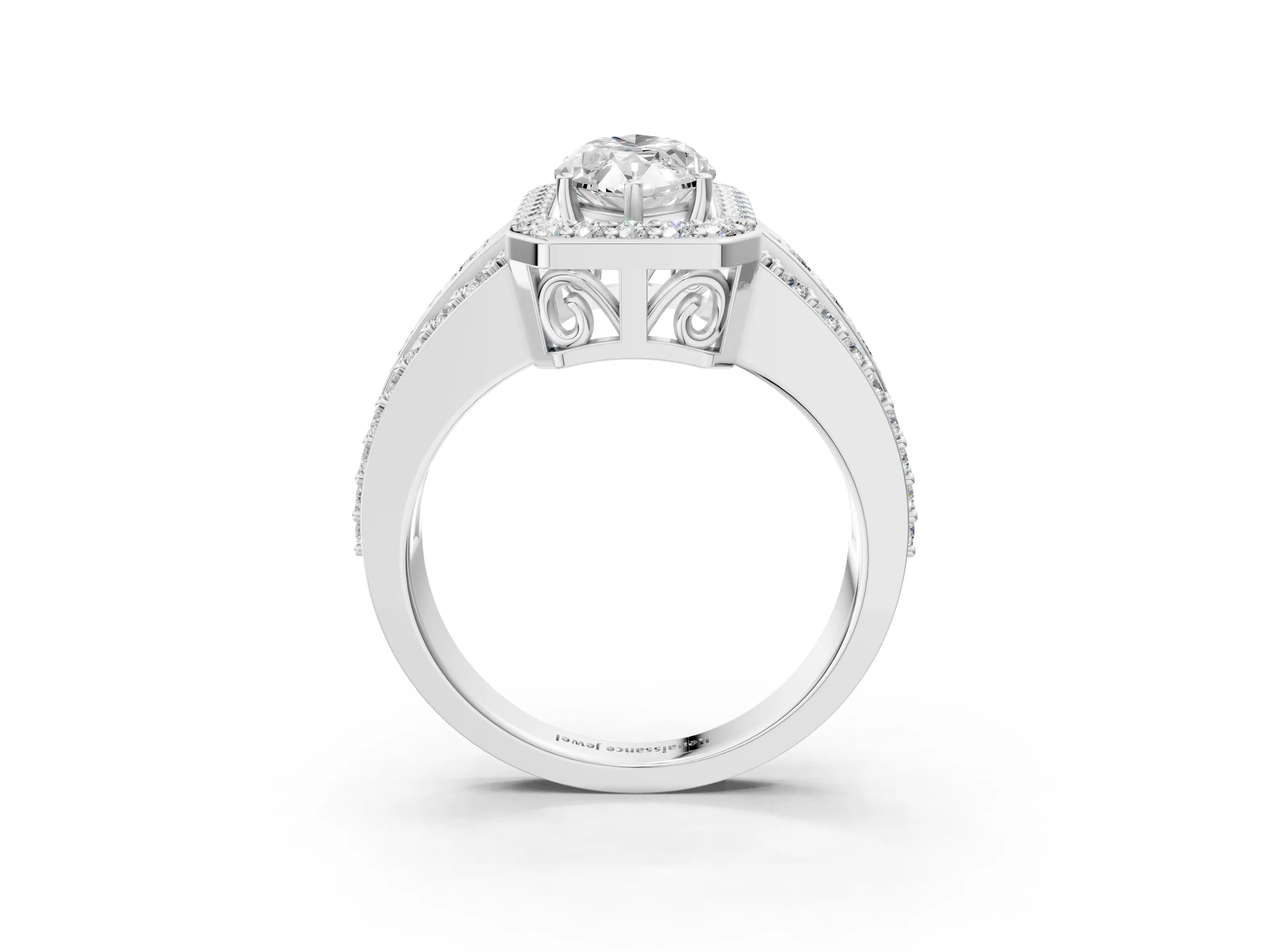 White gold Marquise Cut Halo Diamond Ring with Round with Moissanite side stone Split Shank and Prong Setting_51
