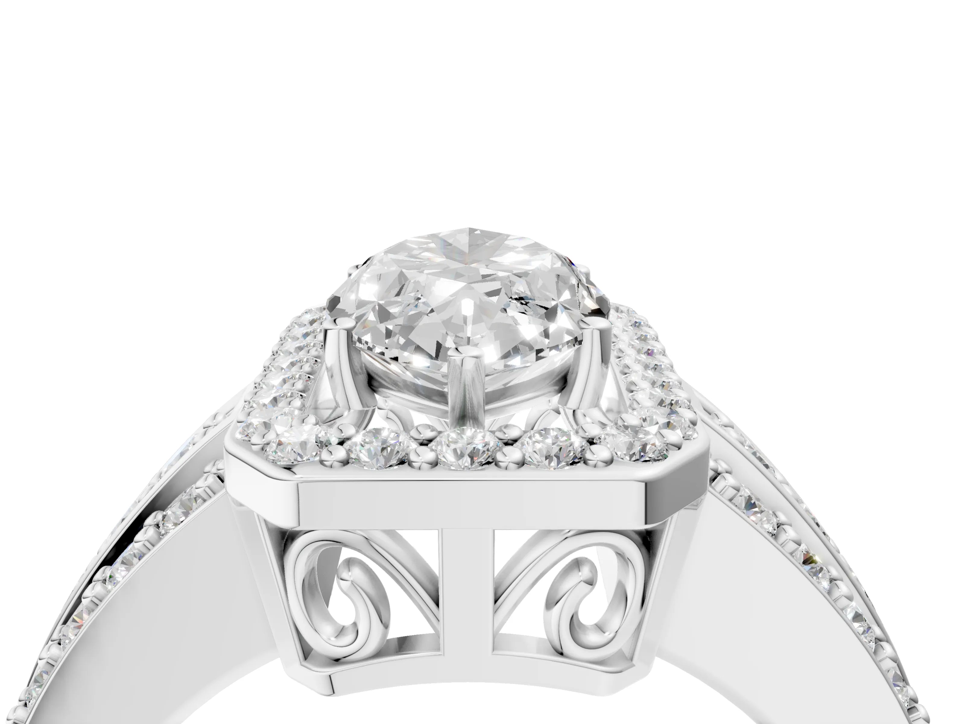 White gold Marquise Cut Halo Diamond Ring with Round with Moissanite side stone Split Shank and Prong Setting_52