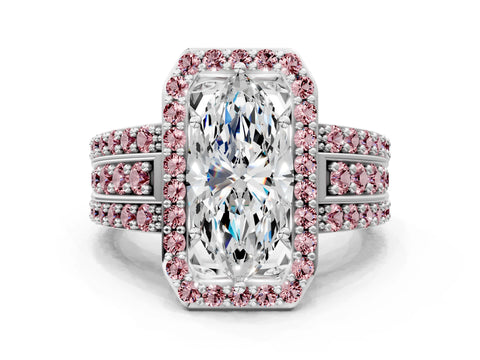 White gold Marquise Cut Halo Diamond Ring with Round with Morganite side stone Split Shank and Prong Setting_24