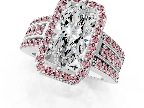 White gold Marquise Cut Halo Diamond Ring with Round with Morganite side stone Split Shank and Prong Setting_25