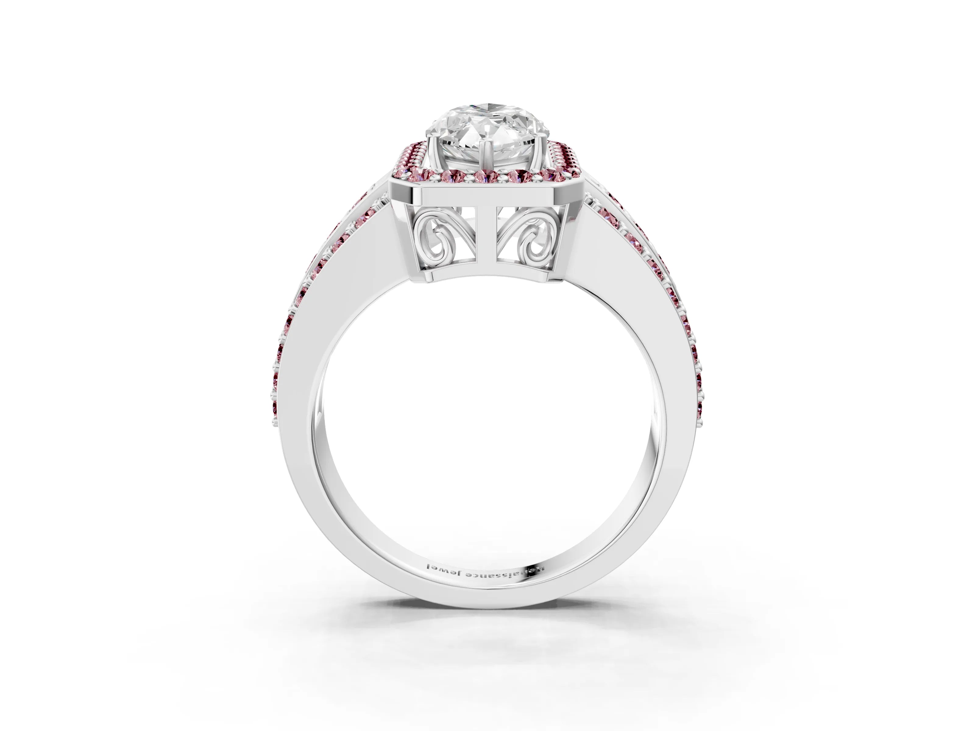 White gold Marquise Cut Halo Diamond Ring with Round with Morganite side stone Split Shank and Prong Setting_27