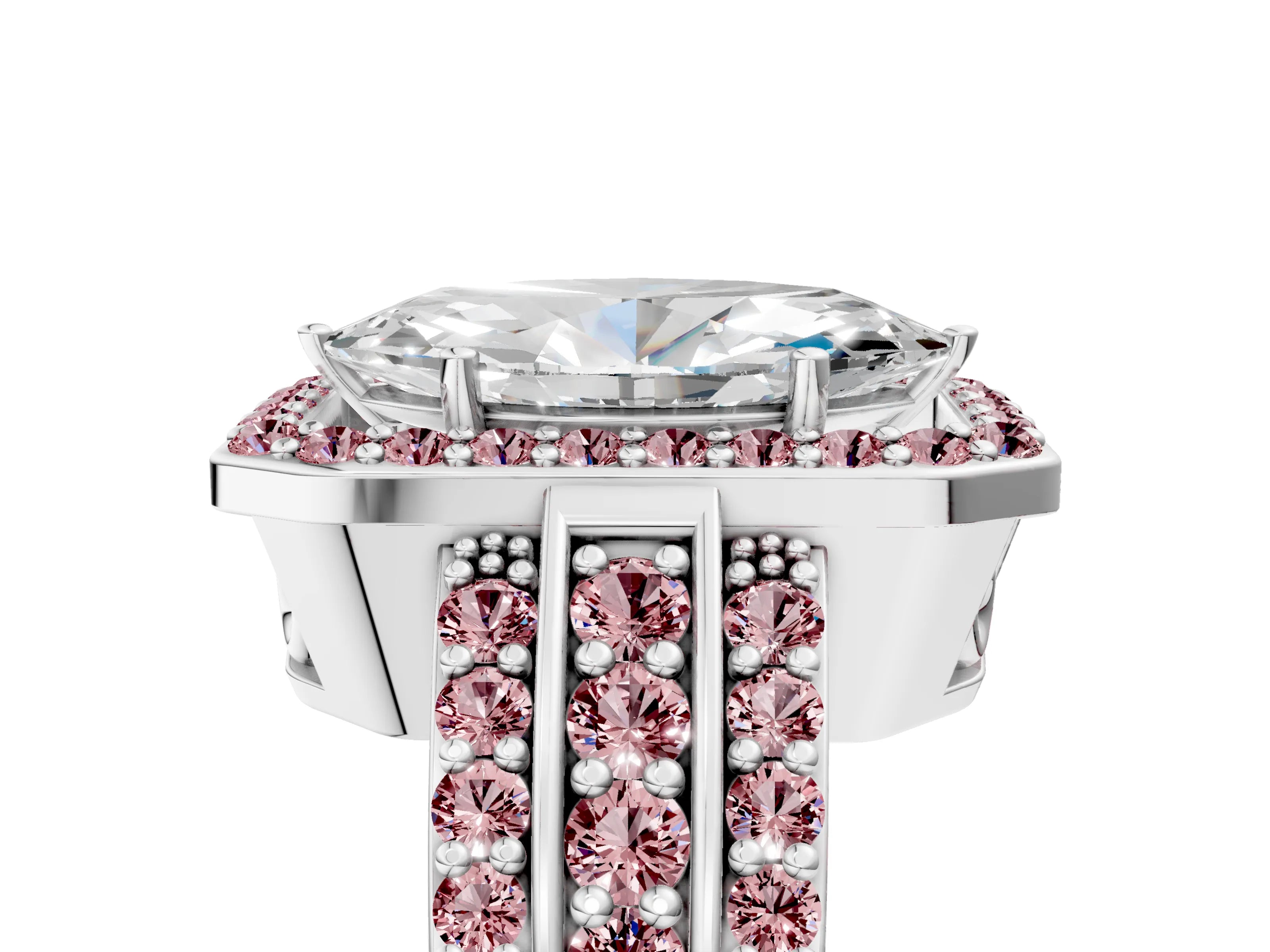 White gold Marquise Cut Halo Diamond Ring with Round with Morganite side stone Split Shank and Prong Setting_29