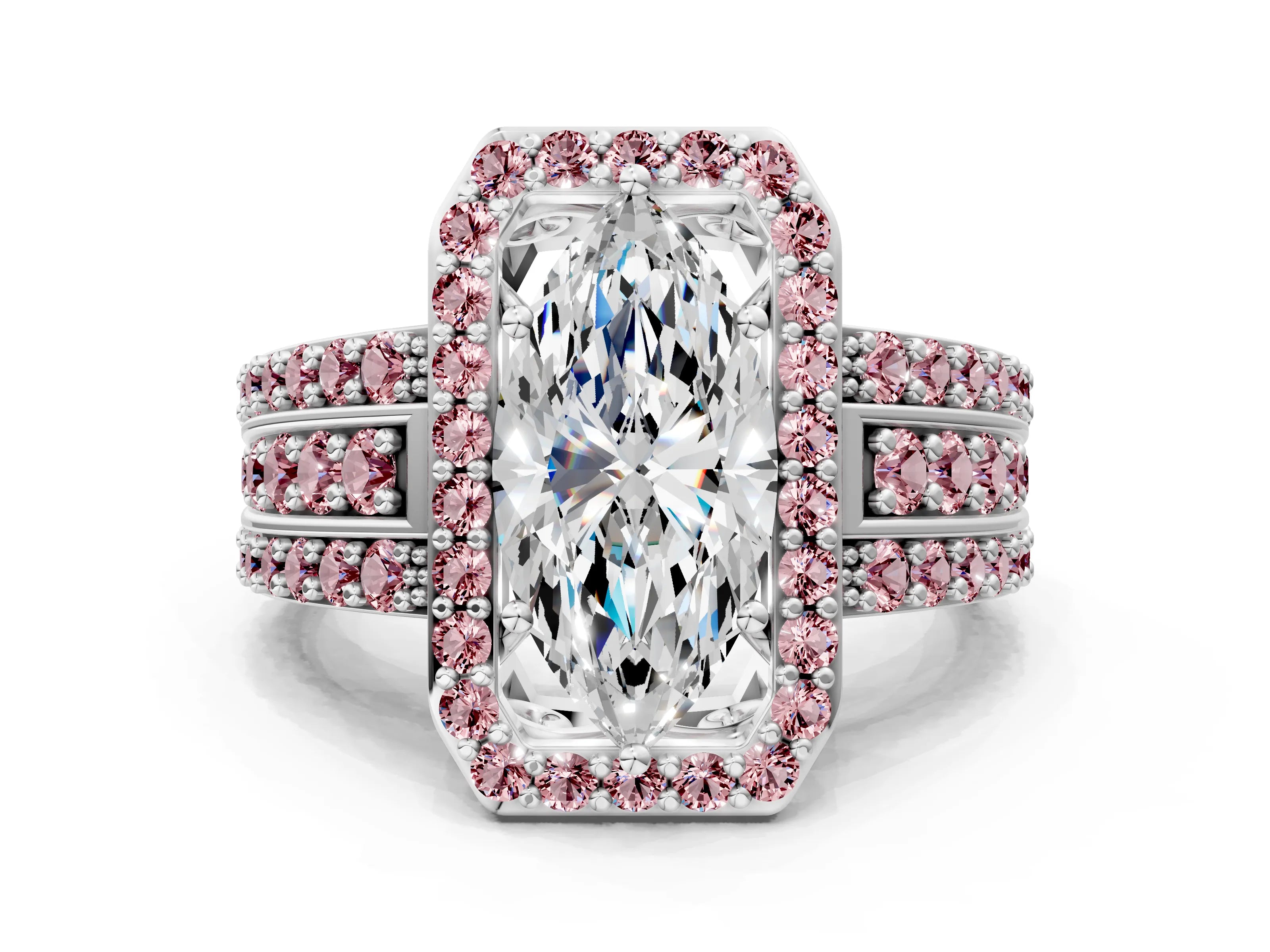 White gold Marquise Cut Halo Diamond Ring with Round with Morganite side stone Split Shank and Prong Setting_48