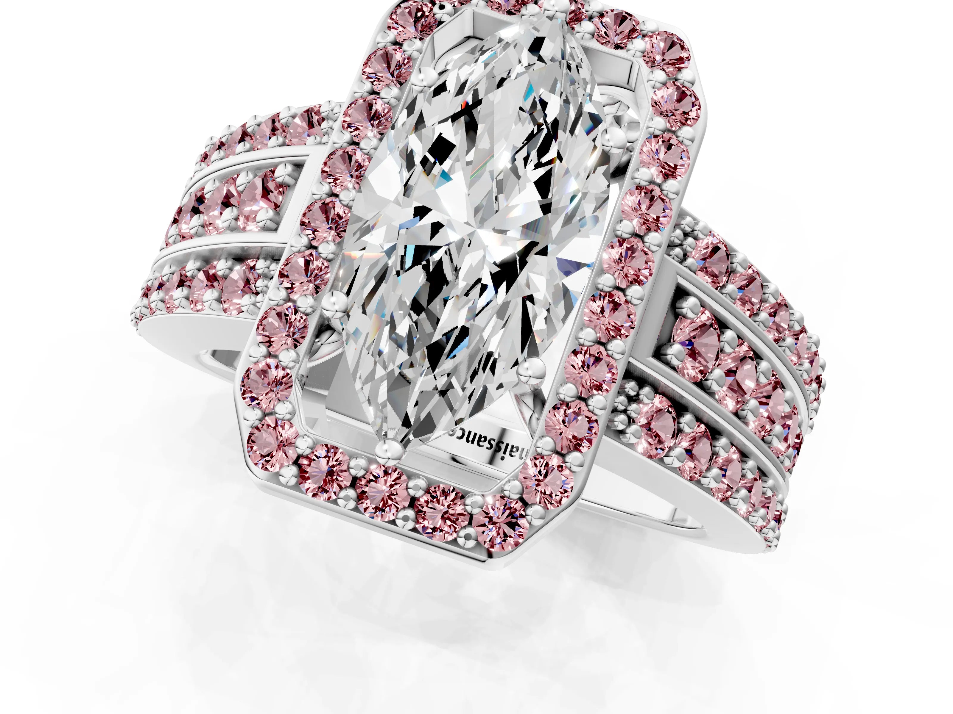 White gold Marquise Cut Halo Diamond Ring with Round with Morganite side stone Split Shank and Prong Setting_49