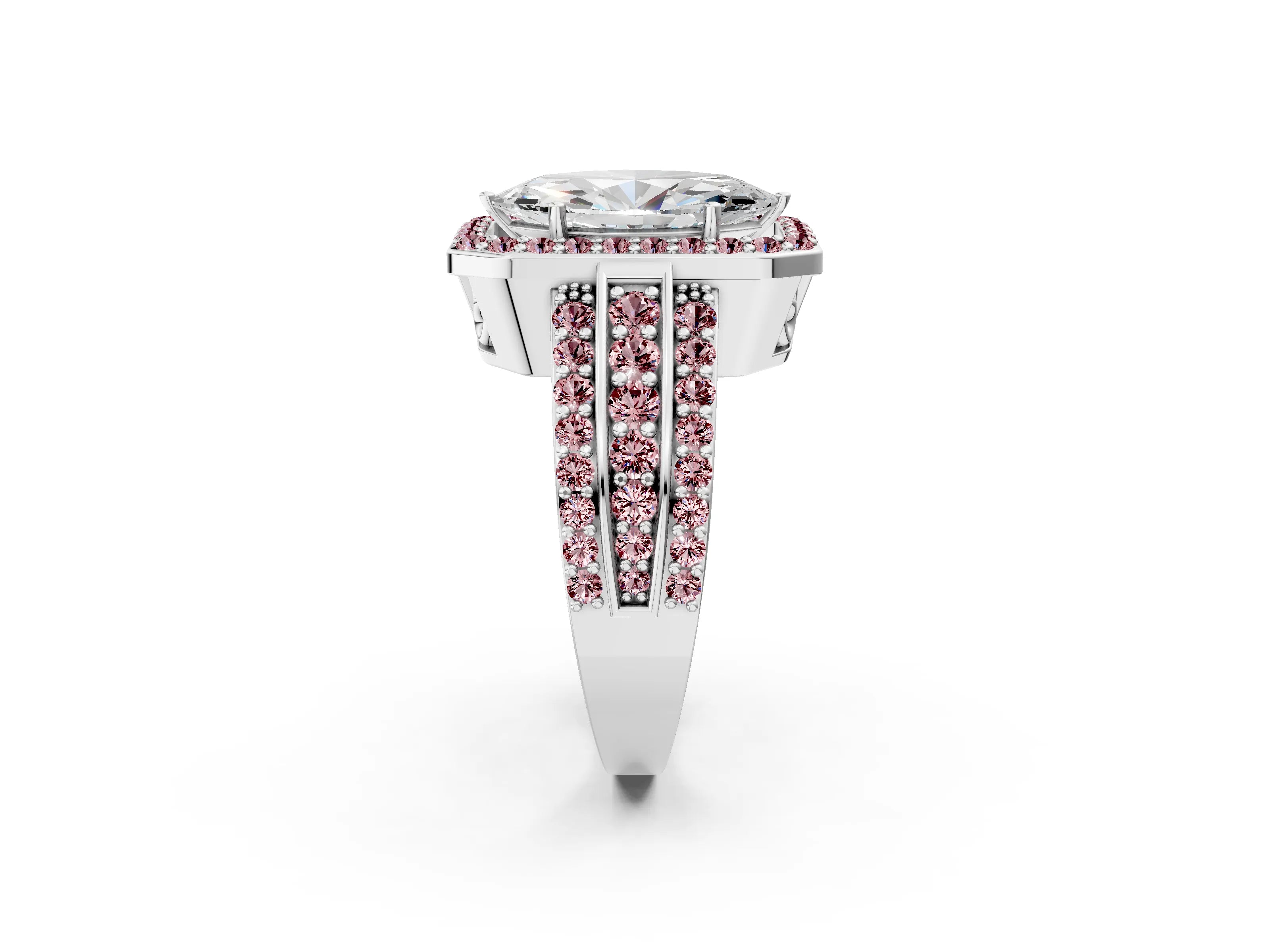 White gold Marquise Cut Halo Diamond Ring with Round with Morganite side stone Split Shank and Prong Setting_50