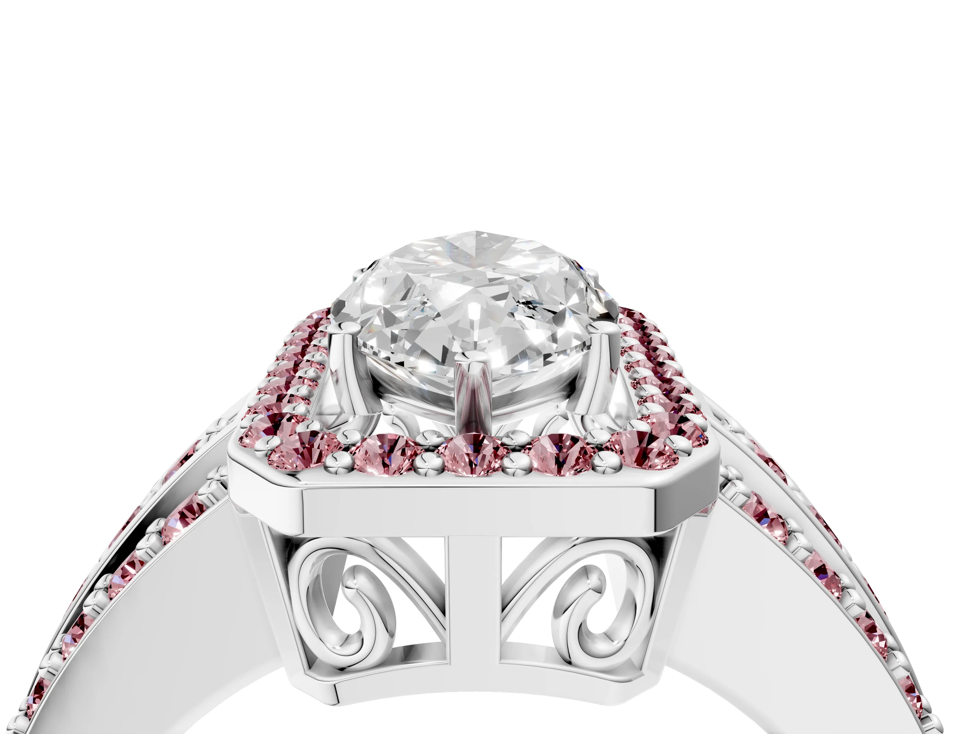 White gold Marquise Cut Halo Diamond Ring with Round with Morganite side stone Split Shank and Prong Setting_52