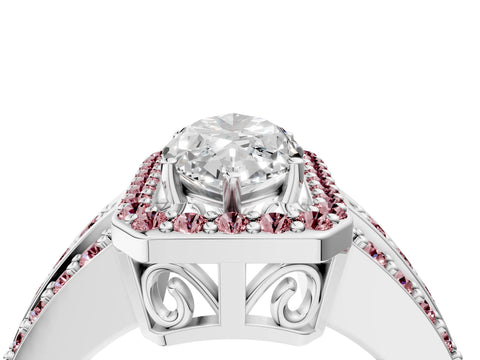 White gold Marquise Cut Halo Diamond Ring with Round with Morganite side stone Split Shank and Prong Setting_52