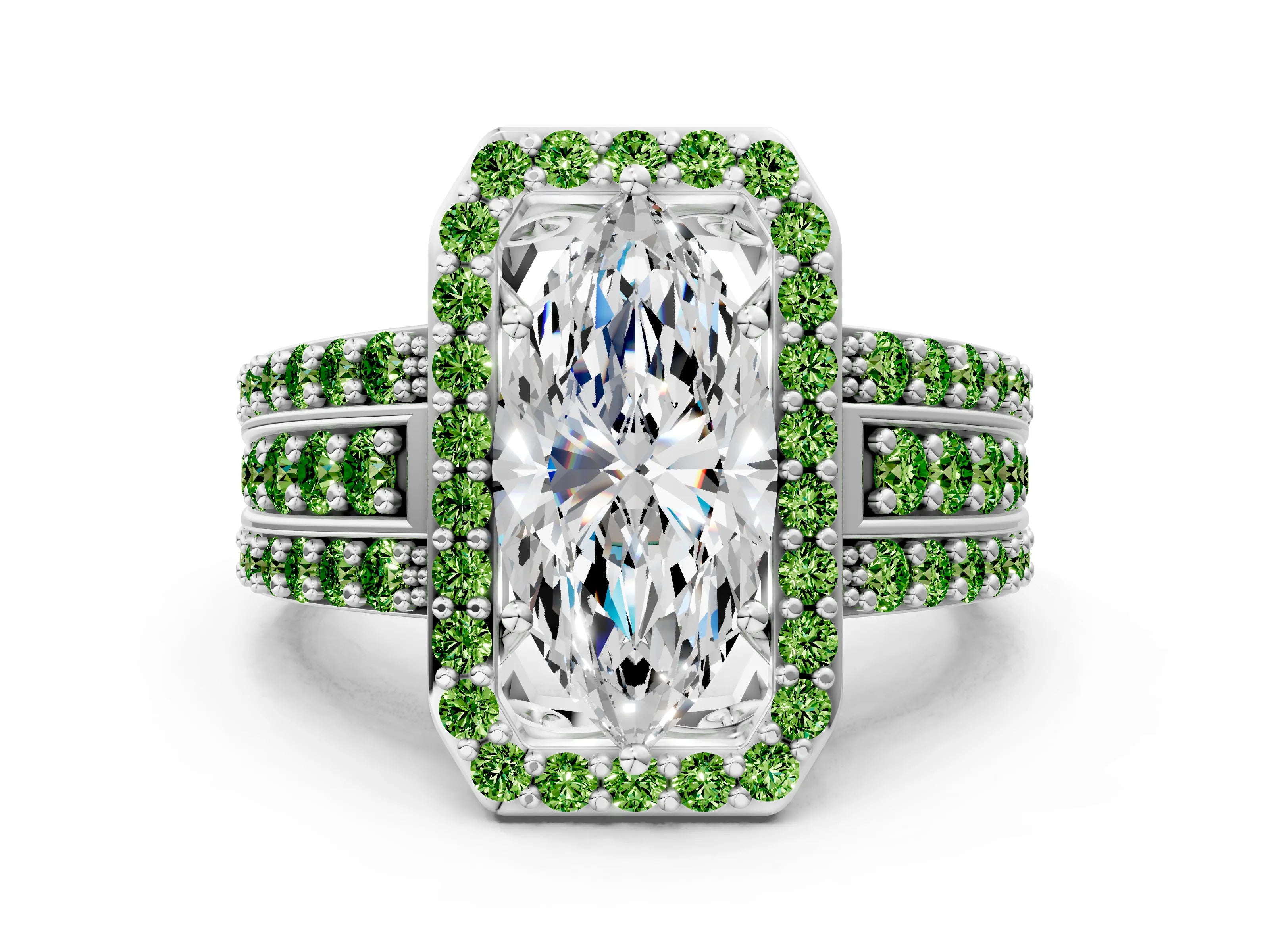 White gold Marquise Cut Halo Diamond Ring with Round with Peridot side stone Split Shank and Prong Setting_12