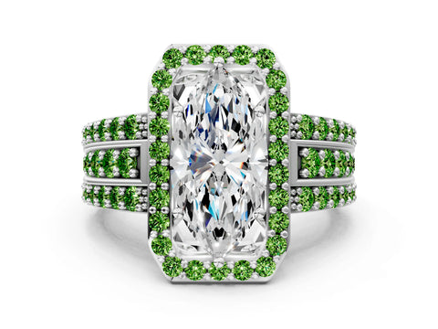 White gold Marquise Cut Halo Diamond Ring with Round with Peridot side stone Split Shank and Prong Setting_12