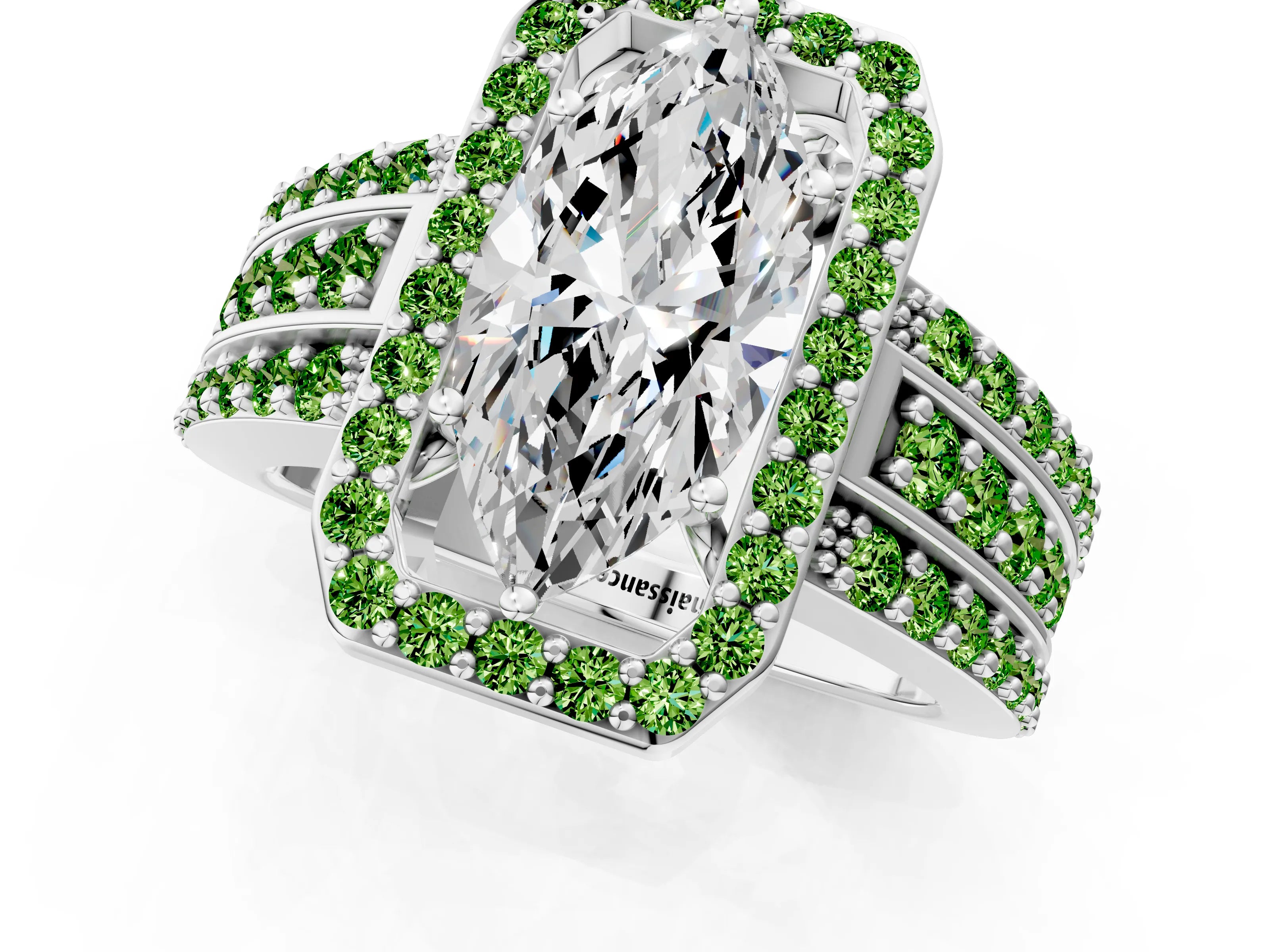 White gold Marquise Cut Halo Diamond Ring with Round with Peridot side stone Split Shank and Prong Setting_13
