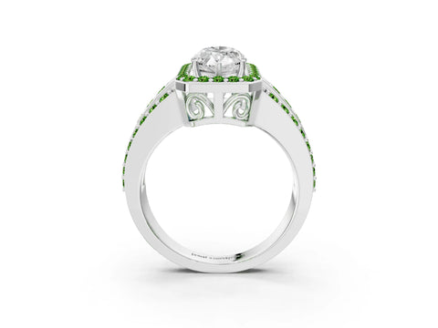 White gold Marquise Cut Halo Diamond Ring with Round with Peridot side stone Split Shank and Prong Setting_15