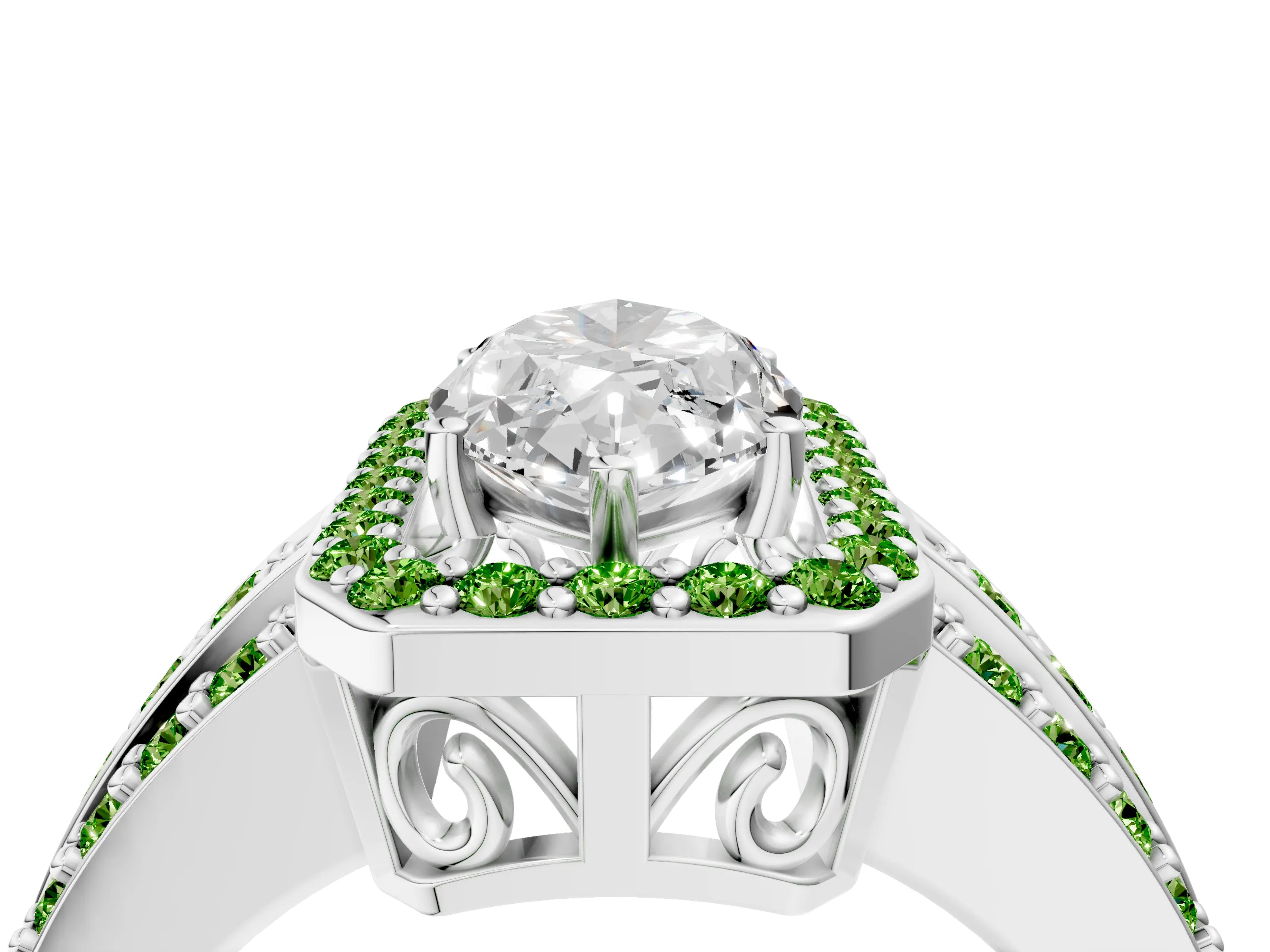 White gold Marquise Cut Halo Diamond Ring with Round with Peridot side stone Split Shank and Prong Setting_16