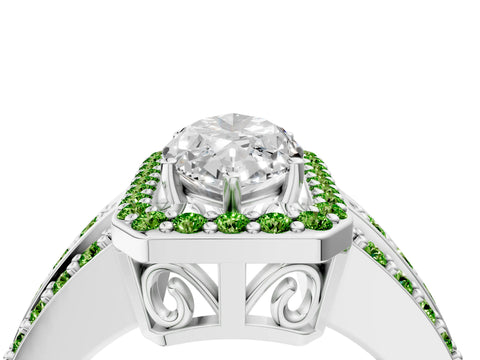 White gold Marquise Cut Halo Diamond Ring with Round with Peridot side stone Split Shank and Prong Setting_16