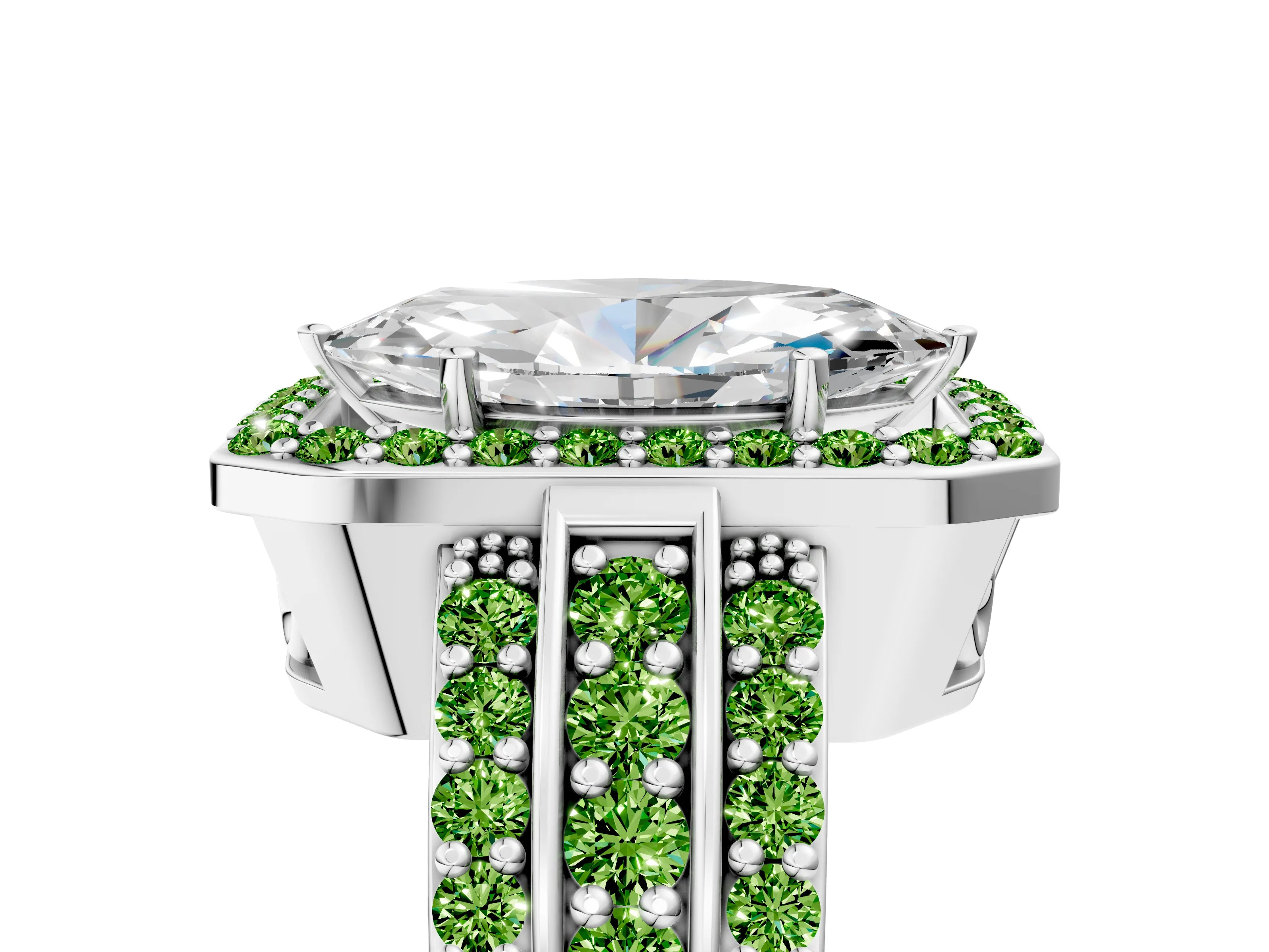 White gold Marquise Cut Halo Diamond Ring with Round with Peridot side stone Split Shank and Prong Setting_17