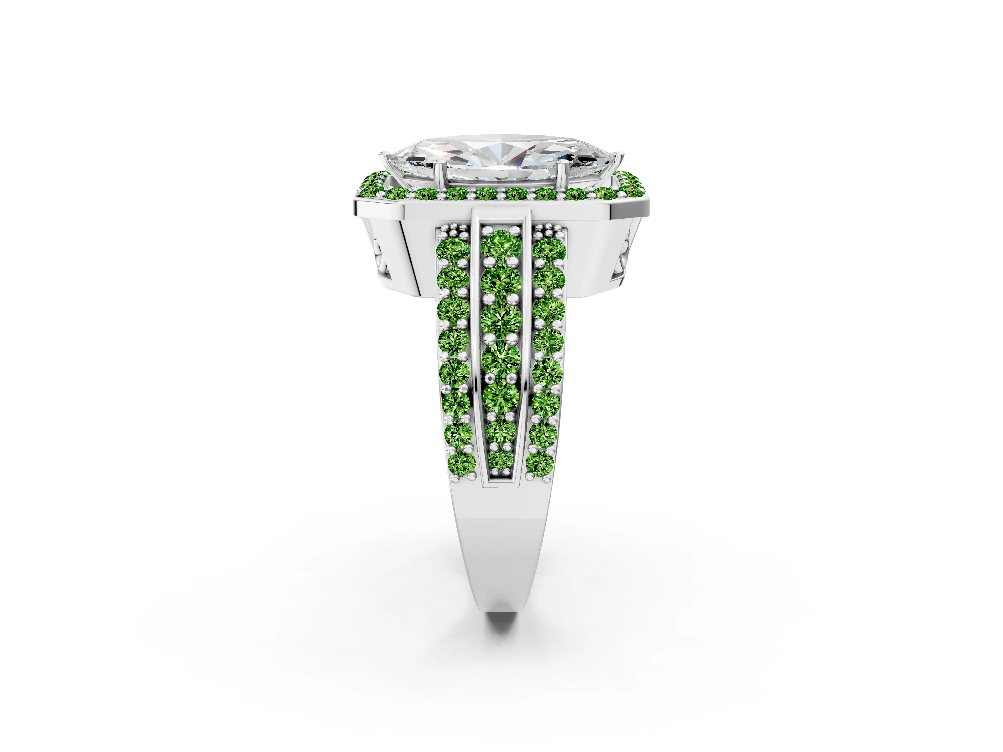 White gold Marquise Cut Halo Diamond Ring with Round with Peridot side stone Split Shank and Prong Setting_26