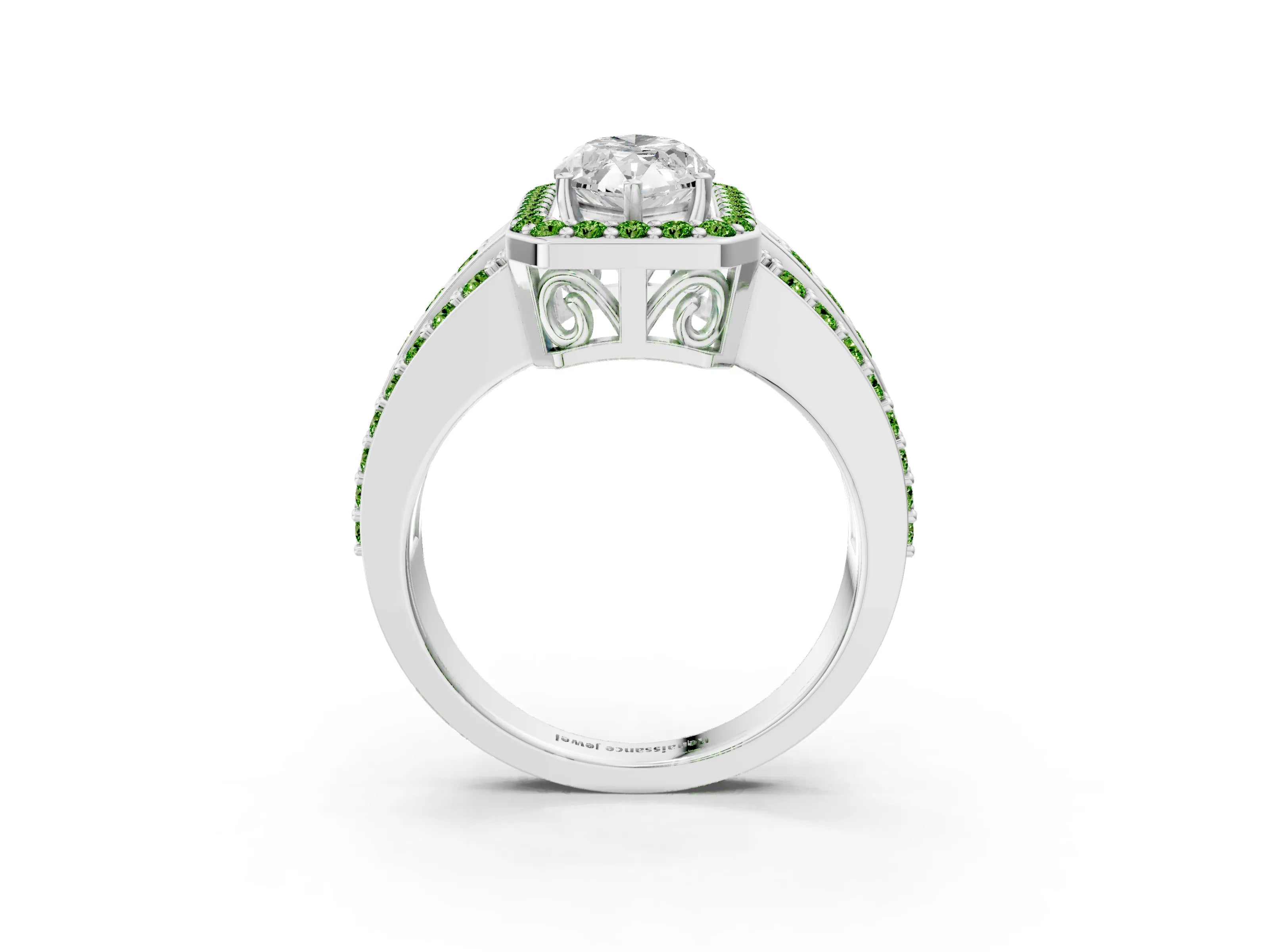 White gold Marquise Cut Halo Diamond Ring with Round with Peridot side stone Split Shank and Prong Setting_27