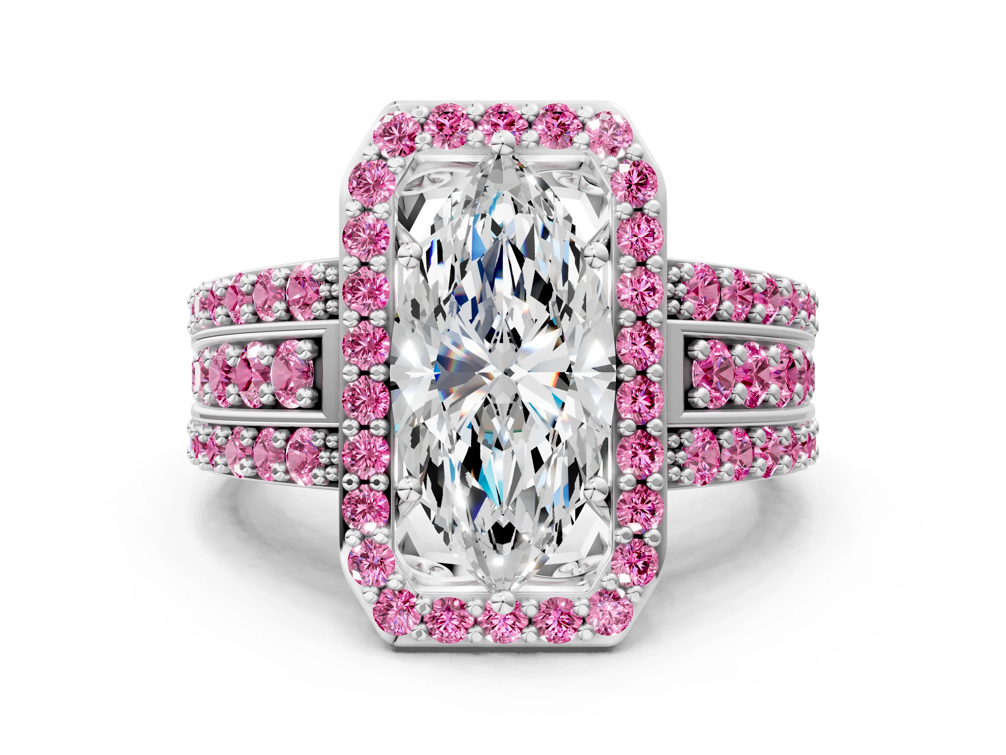 White gold Marquise Cut Halo Diamond Ring with Round with Pink Sapphire side stone Split Shank and Prong Setting_24
