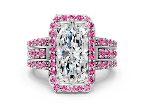 White gold Marquise Cut Halo Diamond Ring with Round with Pink Sapphire side stone Split Shank and Prong Setting_24