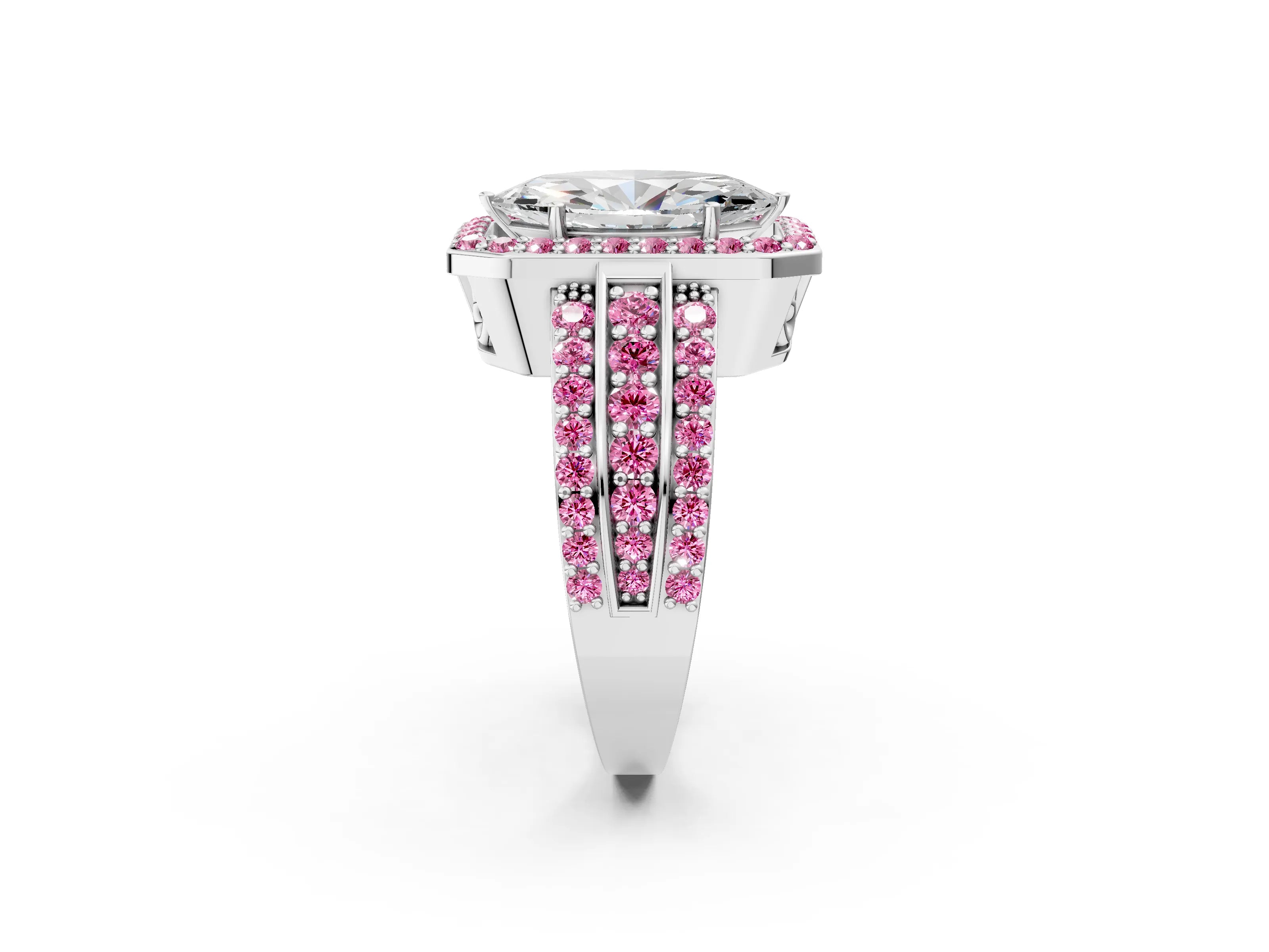 White gold Marquise Cut Halo Diamond Ring with Round with Pink Sapphire side stone Split Shank and Prong Setting_26