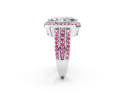 White gold Marquise Cut Halo Diamond Ring with Round with Pink Sapphire side stone Split Shank and Prong Setting_26
