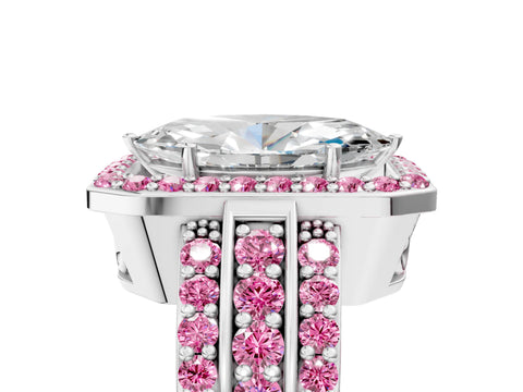 White gold Marquise Cut Halo Diamond Ring with Round with Pink Sapphire side stone Split Shank and Prong Setting_29