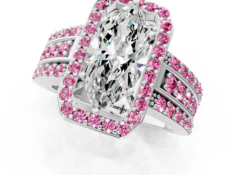 White gold Marquise Cut Halo Diamond Ring with Round with Pink Sapphire side stone Split Shank and Prong Setting_37