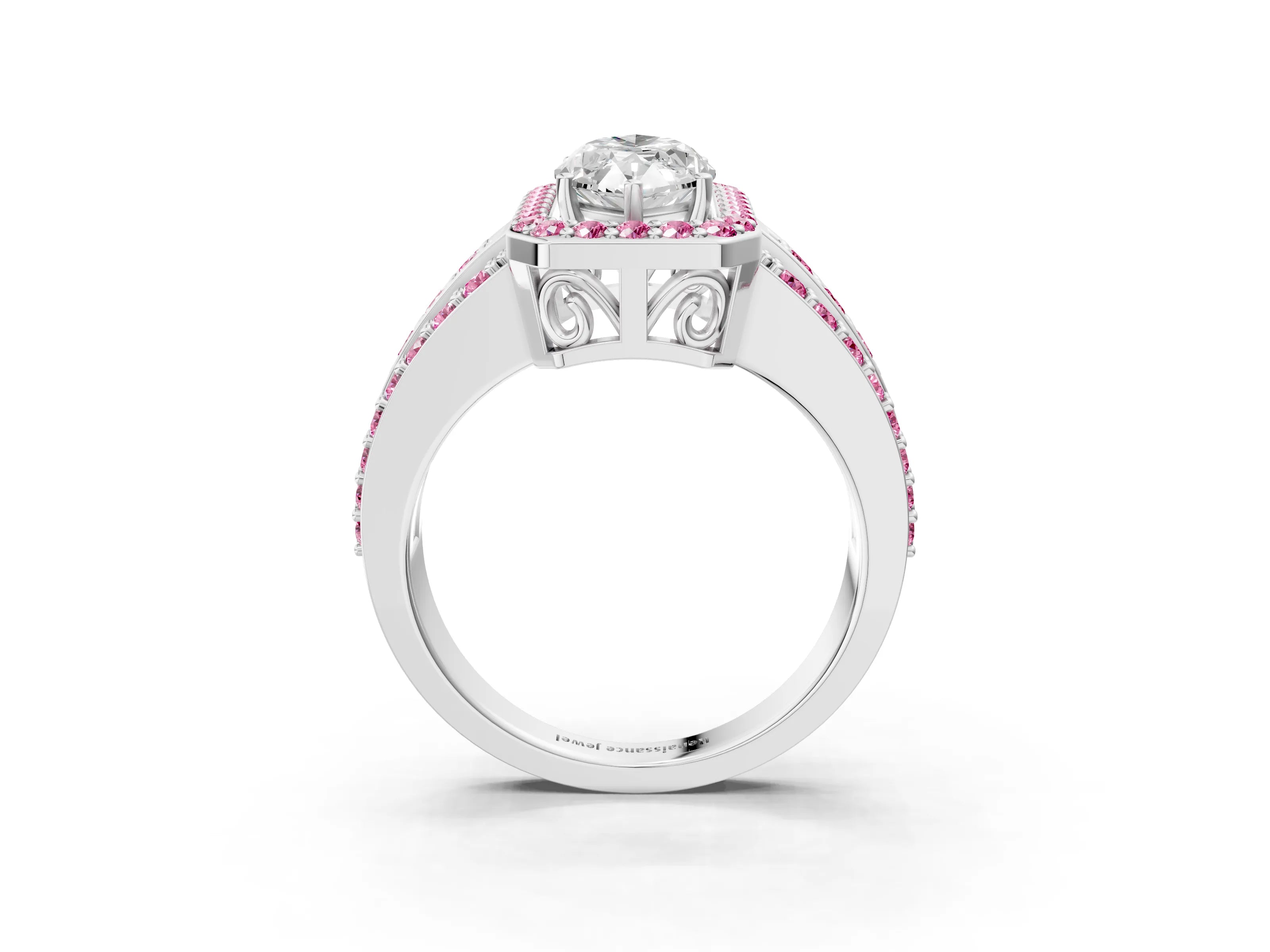 White gold Marquise Cut Halo Diamond Ring with Round with Pink Sapphire side stone Split Shank and Prong Setting_39