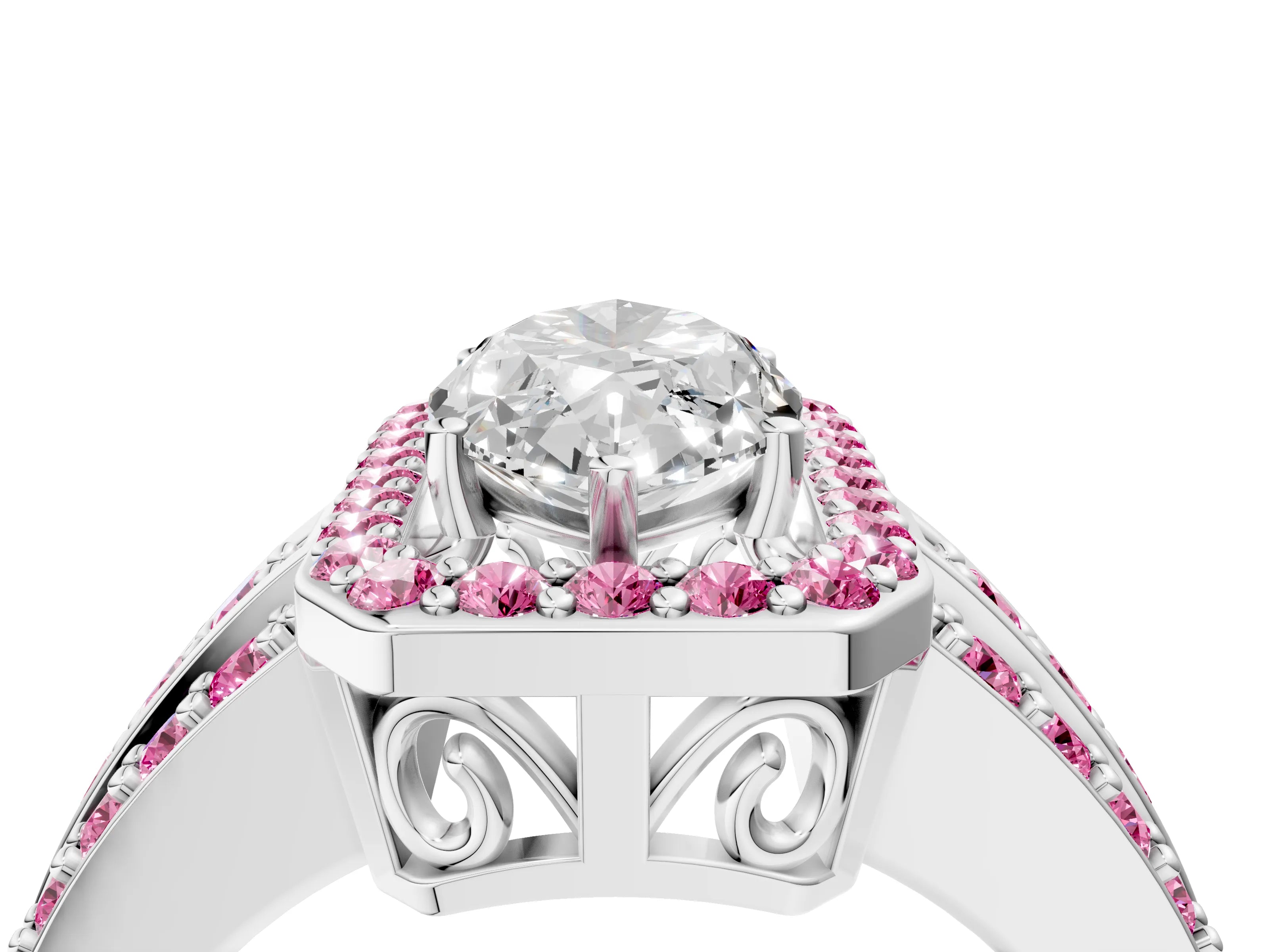 White gold Marquise Cut Halo Diamond Ring with Round with Pink Sapphire side stone Split Shank and Prong Setting_40