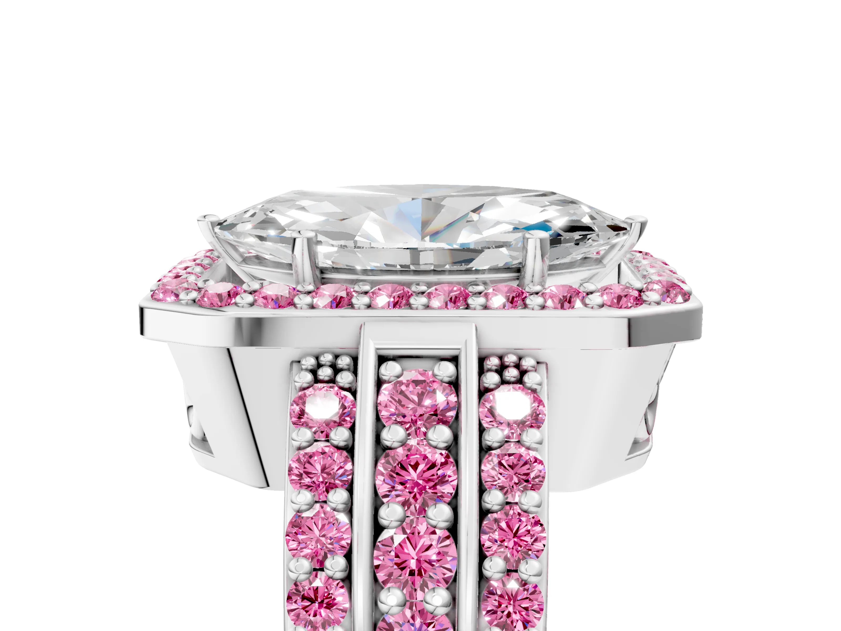 White gold Marquise Cut Halo Diamond Ring with Round with Pink Sapphire side stone Split Shank and Prong Setting_41