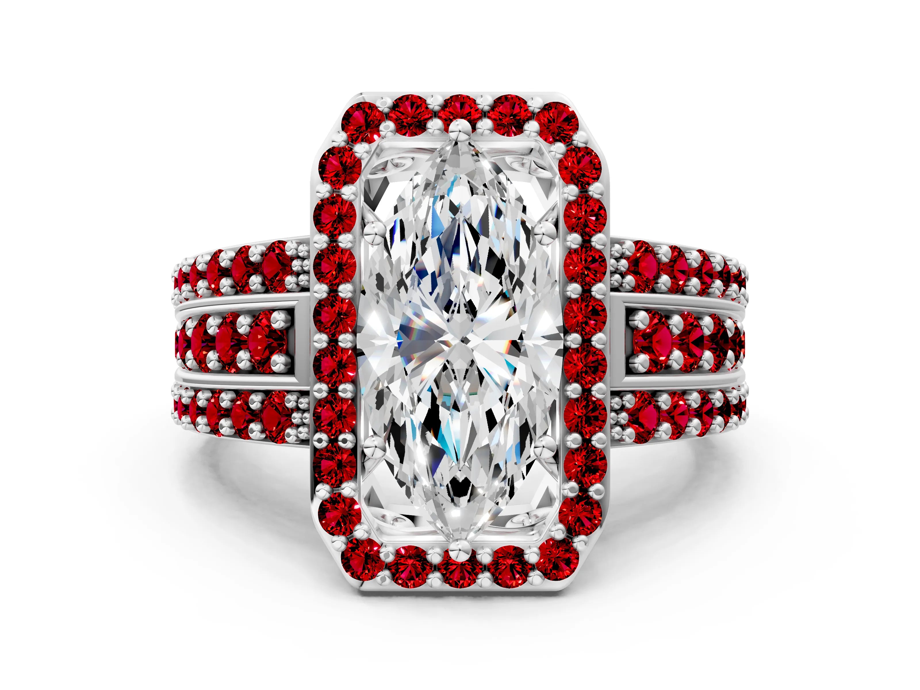 White gold Marquise Cut Halo Diamond Ring with Round with Ruby side stone Split Shank and Prong Setting_24